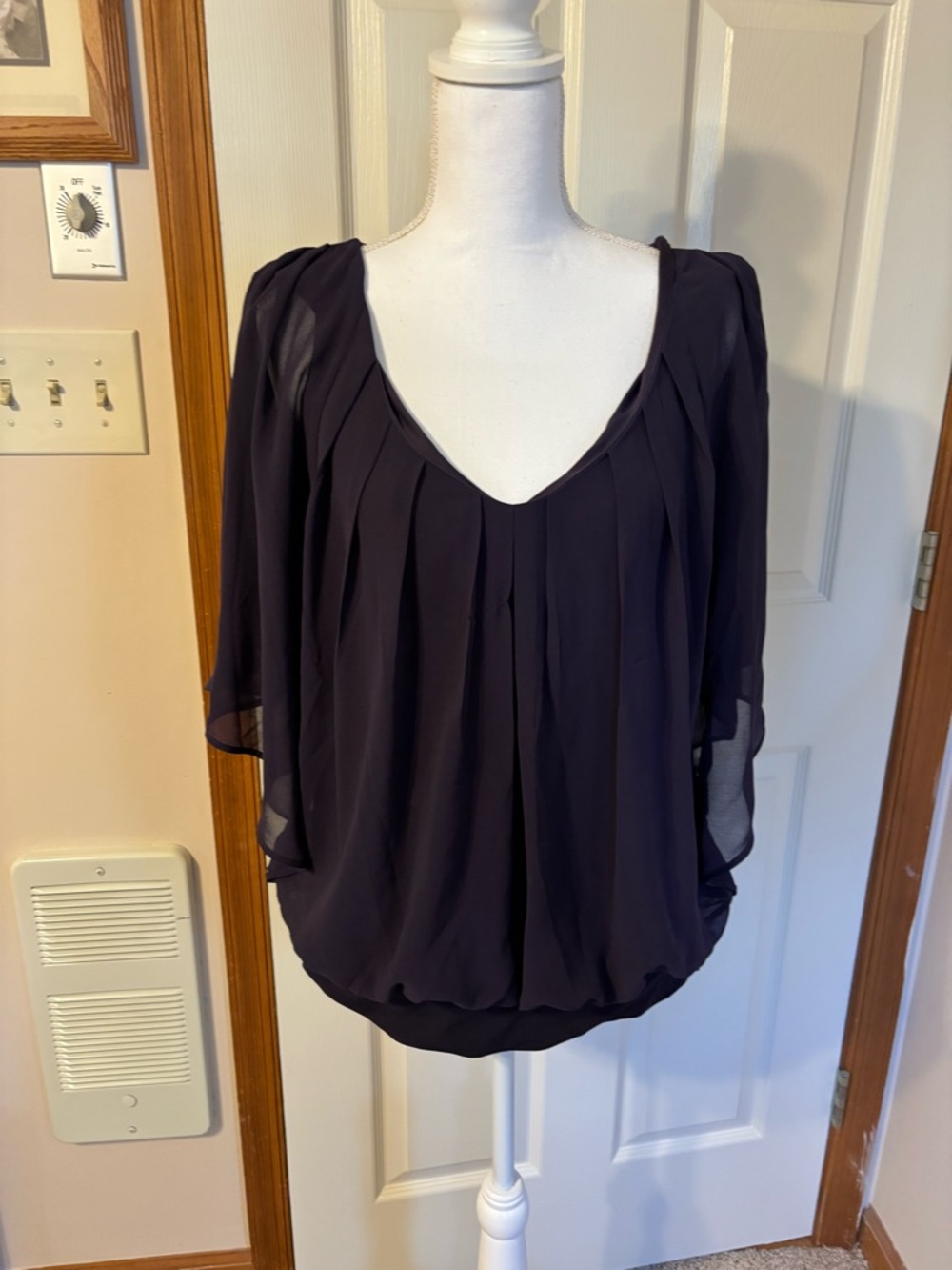 New York & Company Black Pleated V-Neck Blouse
